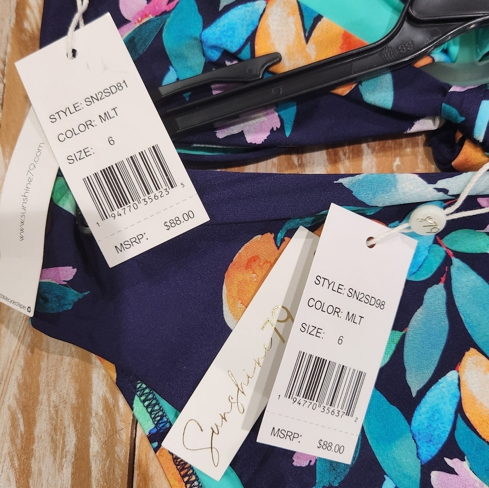NWT Sunshine 79 High Waist‎ Bandeau Peach's Fruit Floral Bikini 6 - Picture 4 of 5